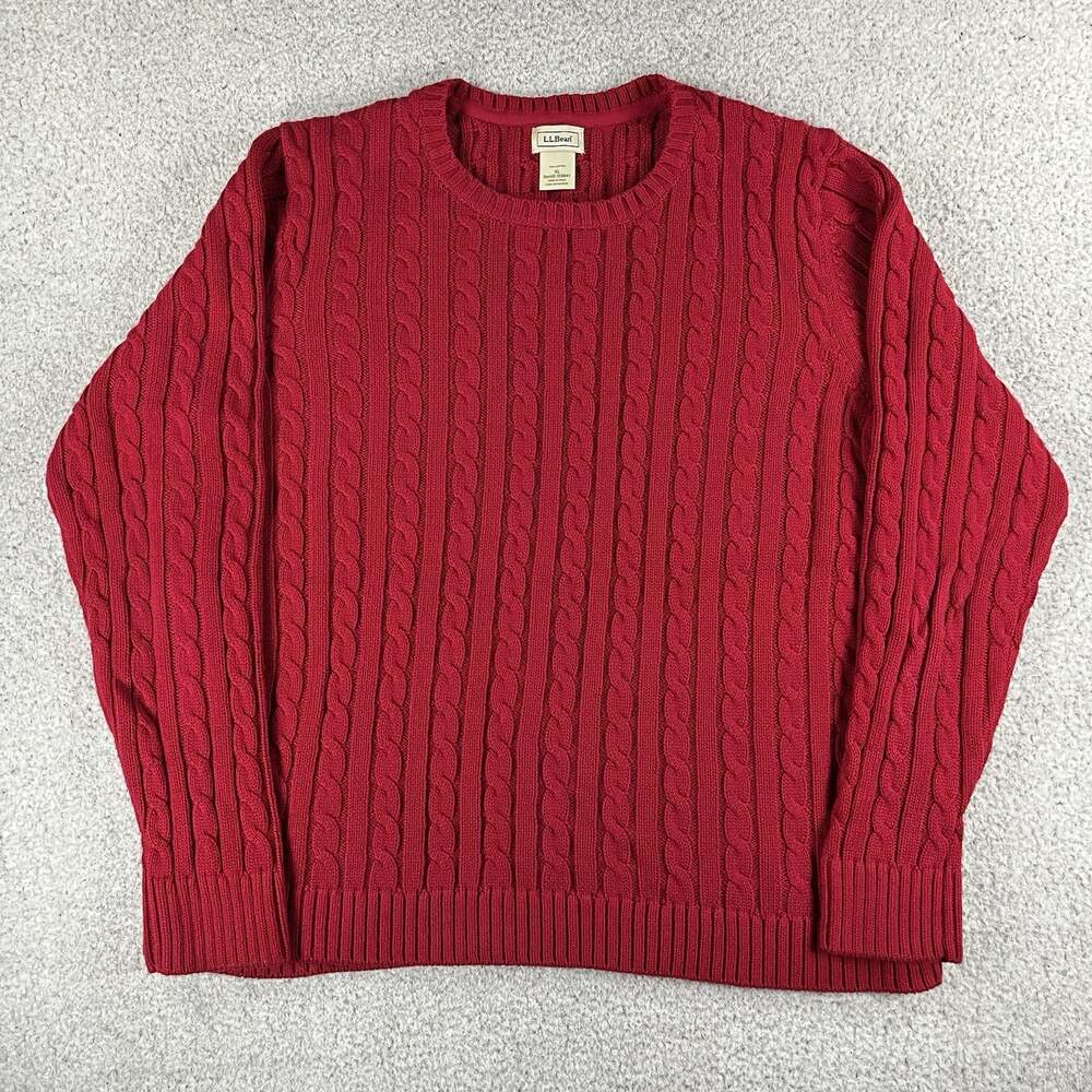 LL Bean Fisherman Sweater Womens XL Red Crewneck Cotton Cable Knit Long Sleeve